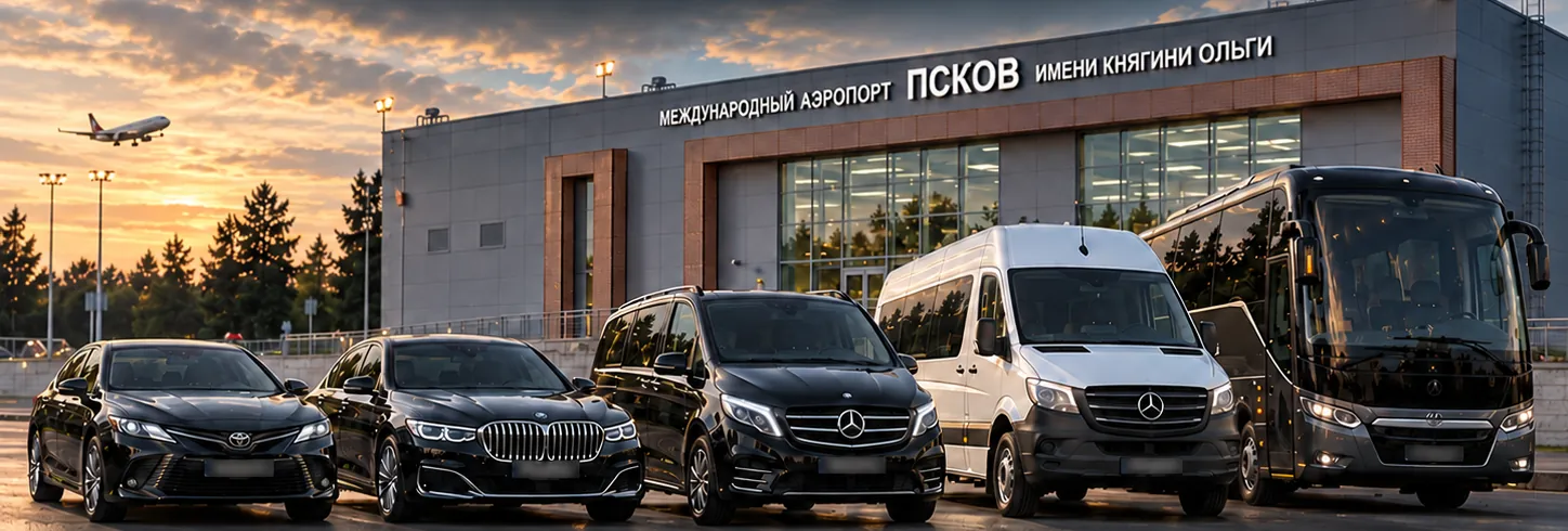 Легковые автомобили, минивэн, микроавтобус и автобус у аэропорта Псков